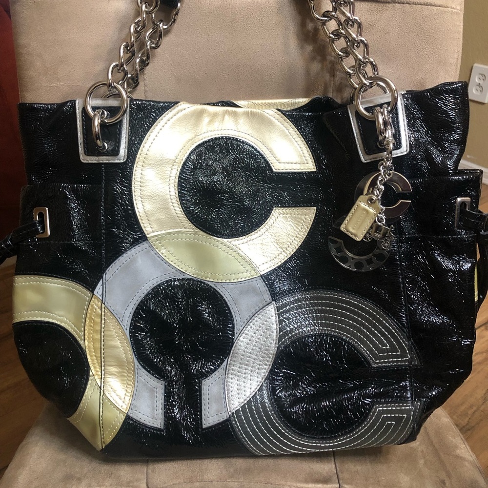 Coach Peyton Inlaid C Leather Tote Purse